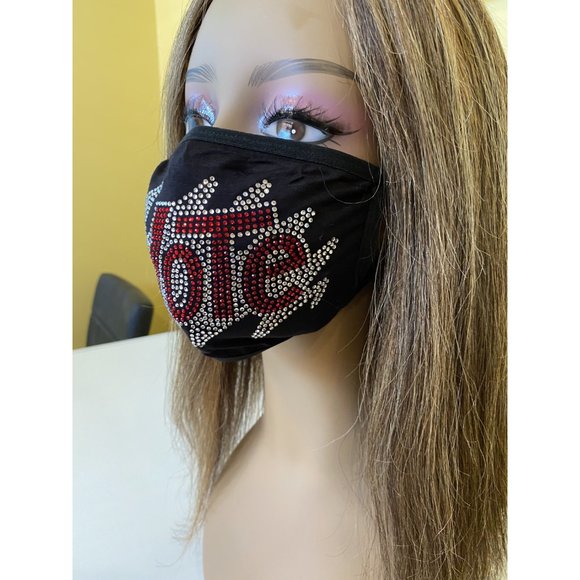 VOTE Bling Rhinestone Face Mask With Filter Pocket Red - Picture 5 of 11